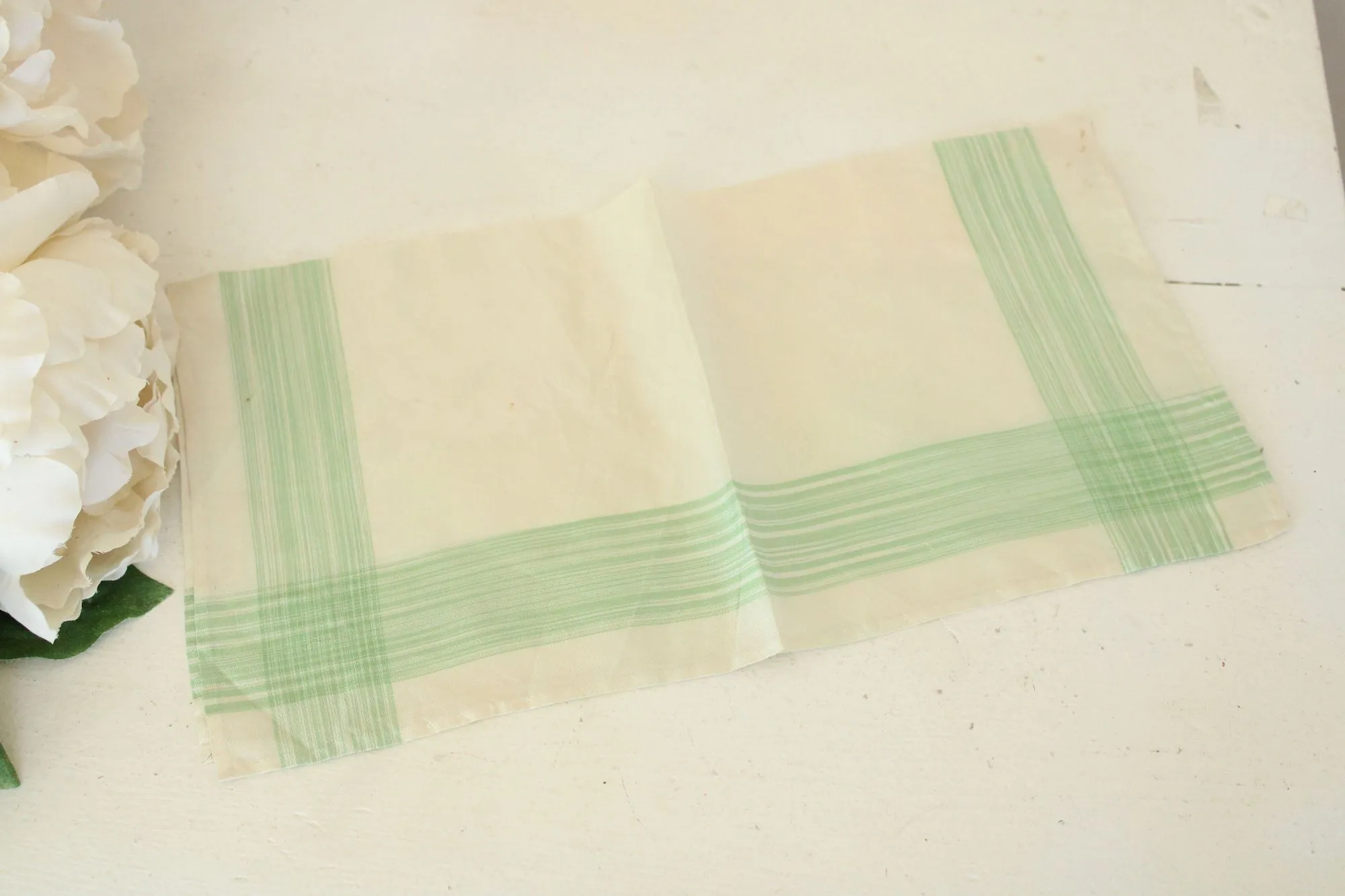 Vintage 1950s Handkerchief in Cream with Green Stripes
