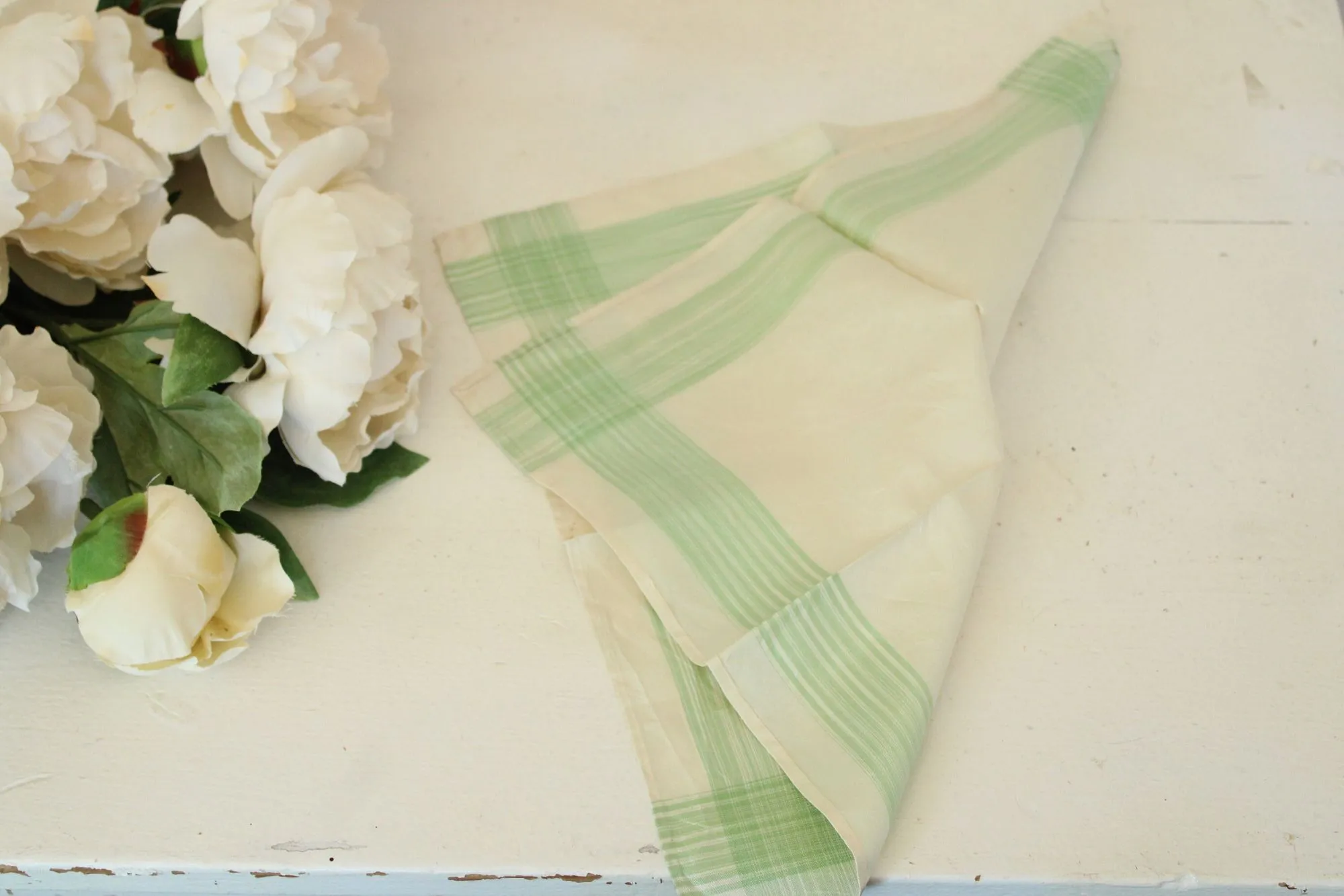 Vintage 1950s Handkerchief in Cream with Green Stripes