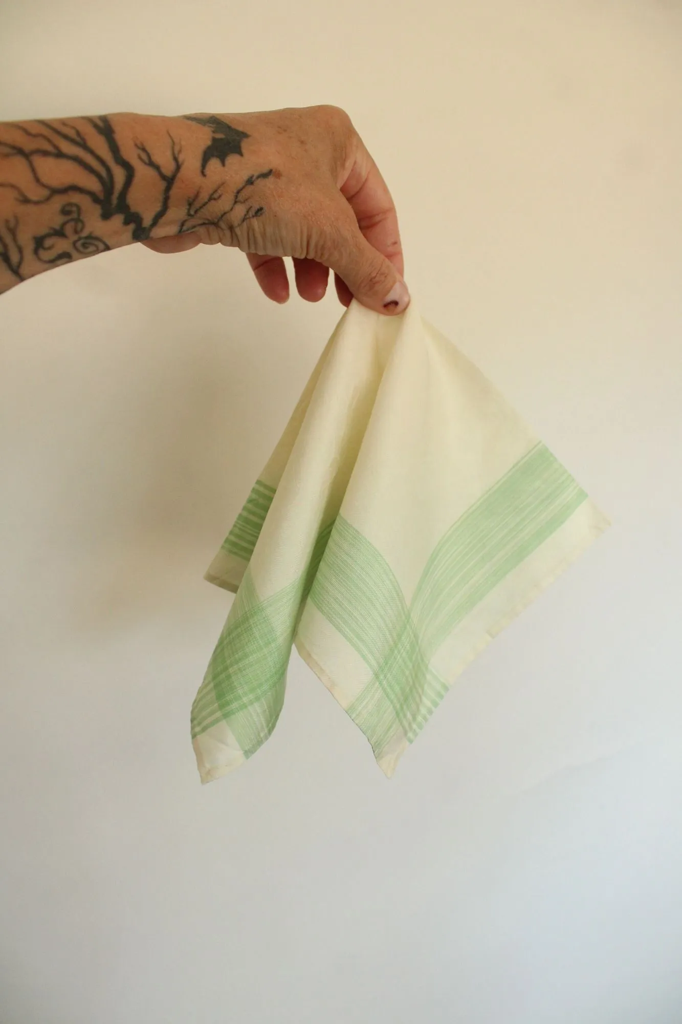Vintage 1950s Handkerchief in Cream with Green Stripes