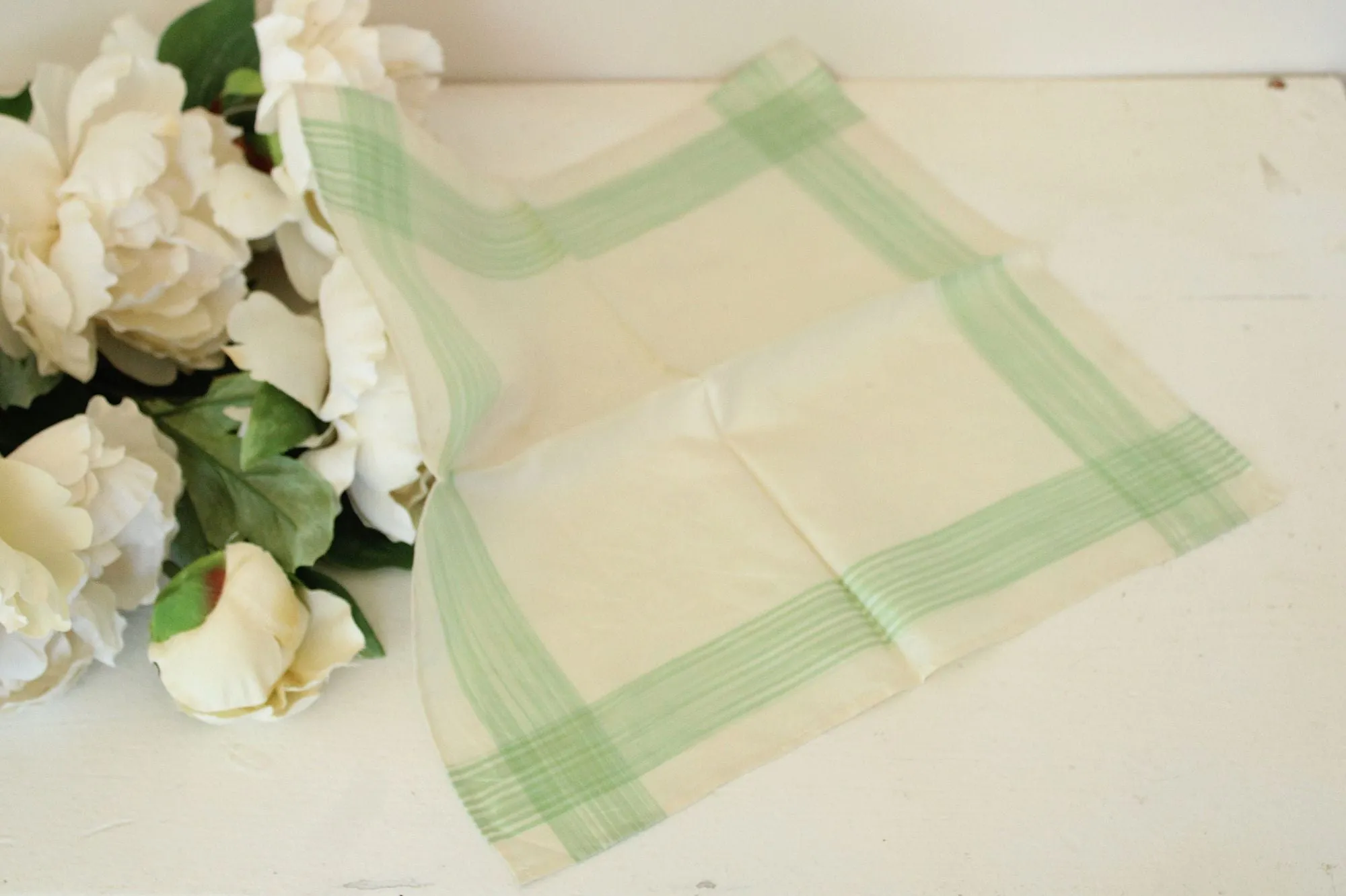 Vintage 1950s Handkerchief in Cream with Green Stripes