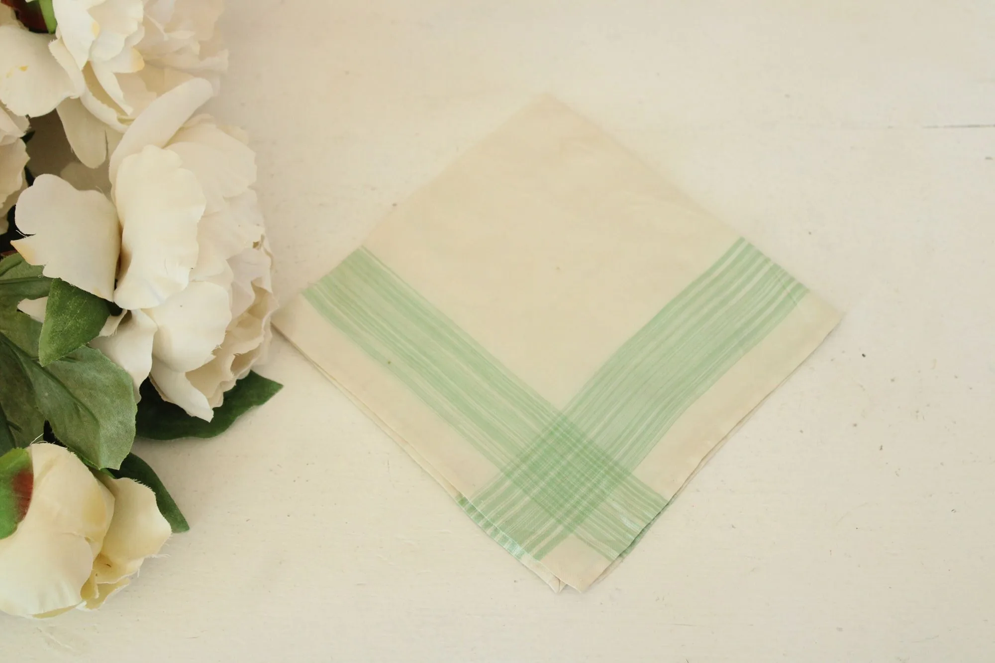 Vintage 1950s Handkerchief in Cream with Green Stripes