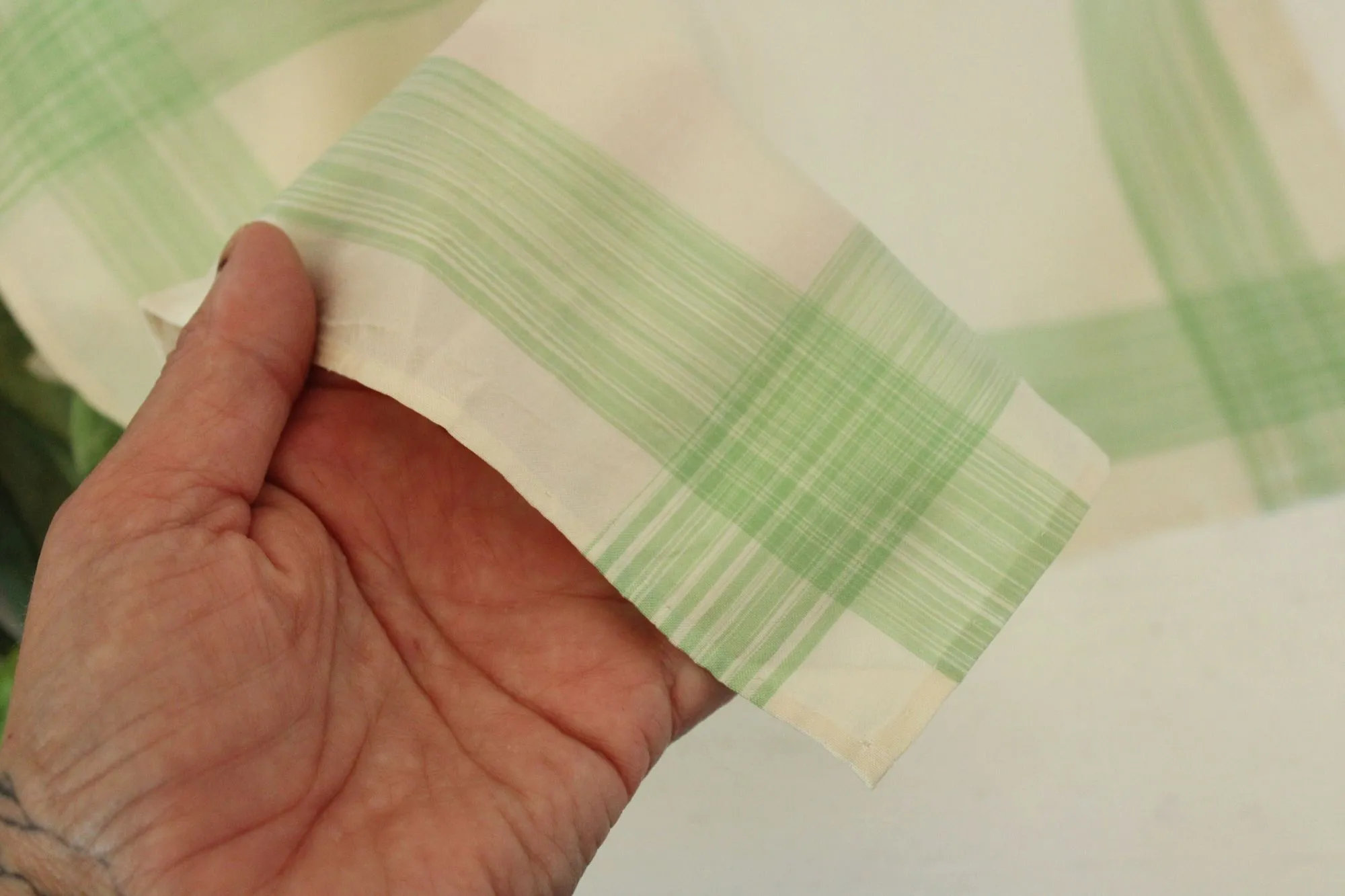 Vintage 1950s Handkerchief in Cream with Green Stripes