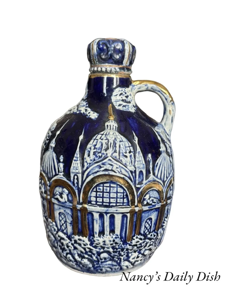 Vintage Blue Liquor Decanter w/ European Castle Temple Relief