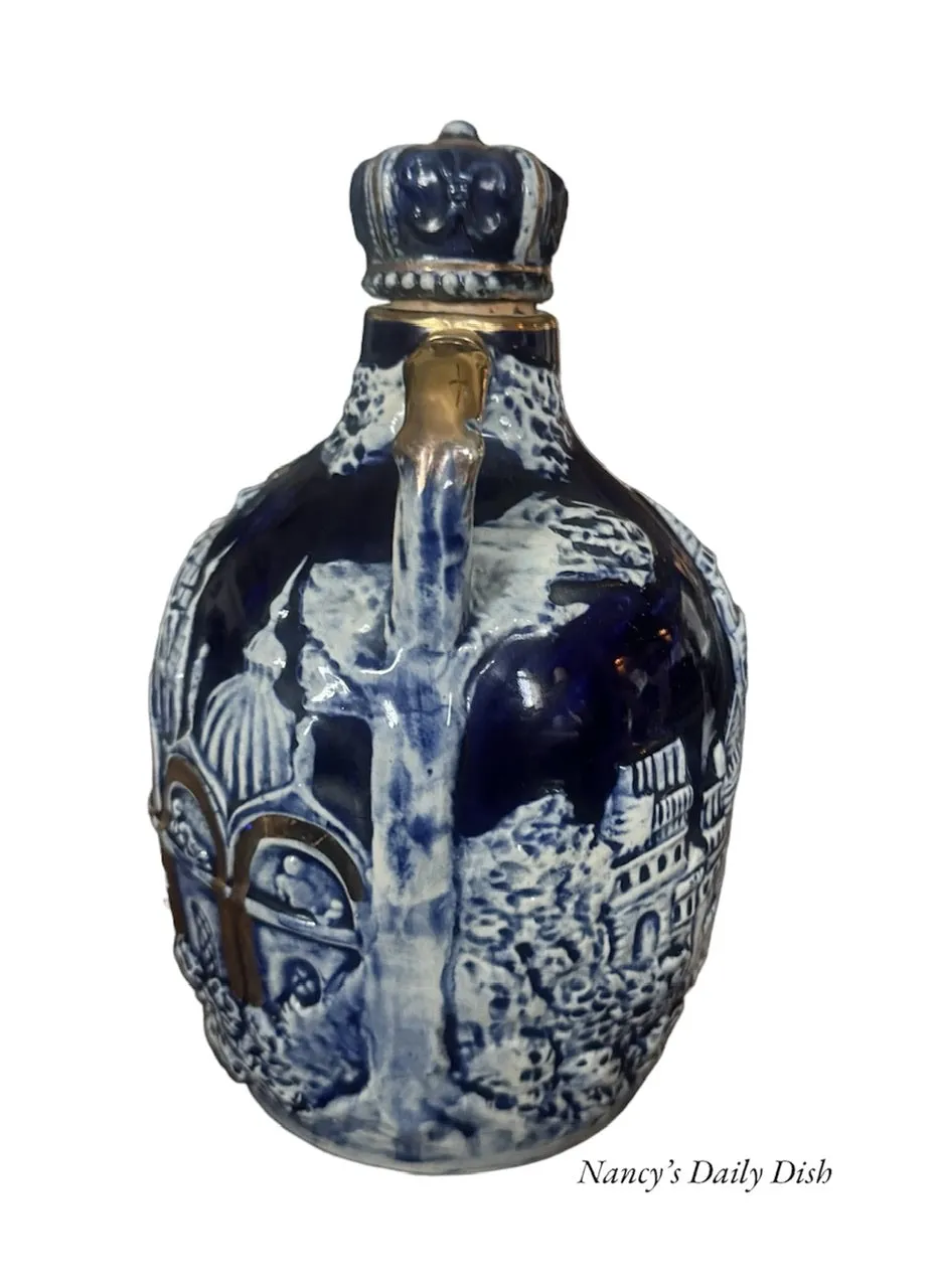 Vintage Blue Liquor Decanter w/ European Castle Temple Relief