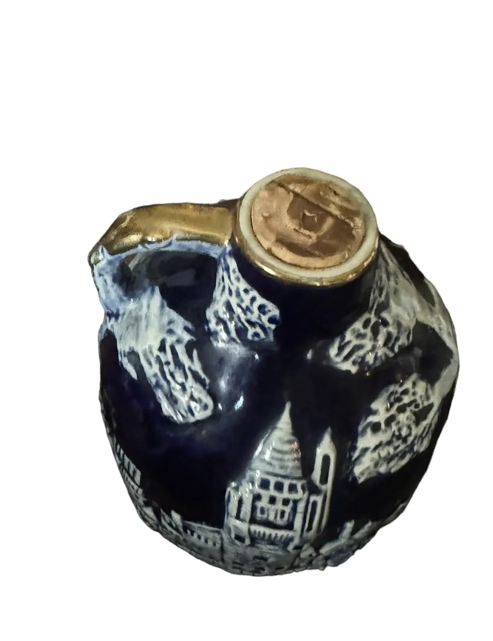 Vintage Blue Liquor Decanter w/ European Castle Temple Relief