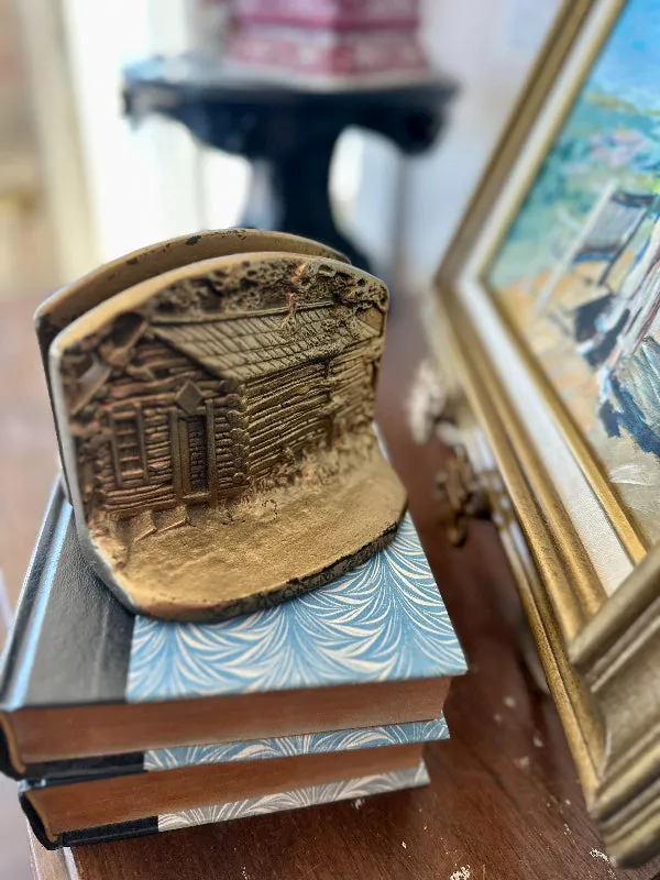 Vintage Brass Bookends, Lincoln Log Cabin
