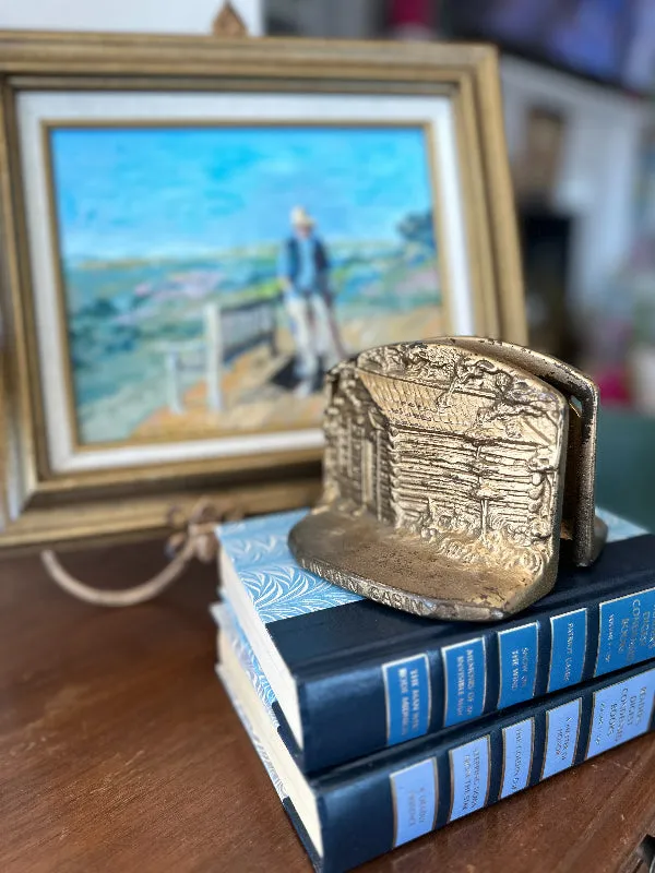 Vintage Brass Bookends, Lincoln Log Cabin