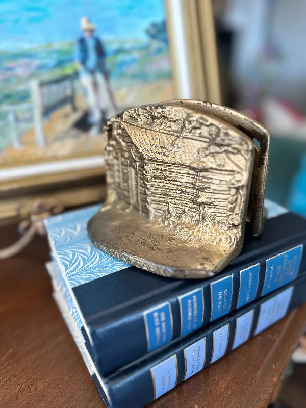 Vintage Brass Bookends, Lincoln Log Cabin
