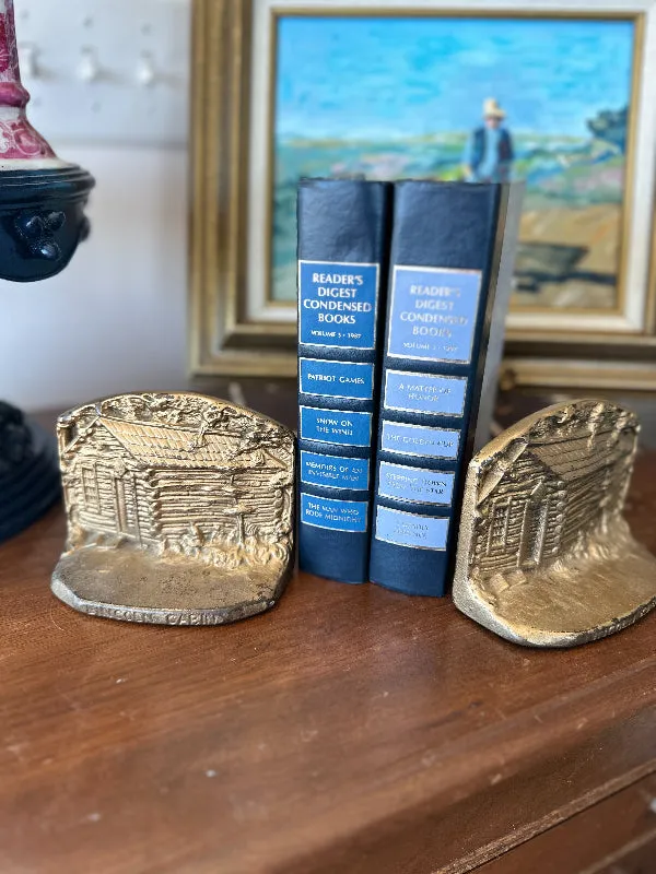 Vintage Brass Bookends, Lincoln Log Cabin