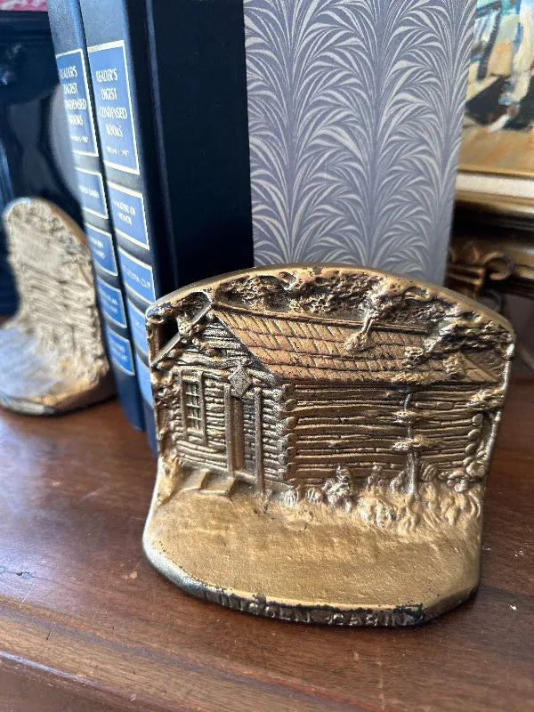 Vintage Brass Bookends, Lincoln Log Cabin