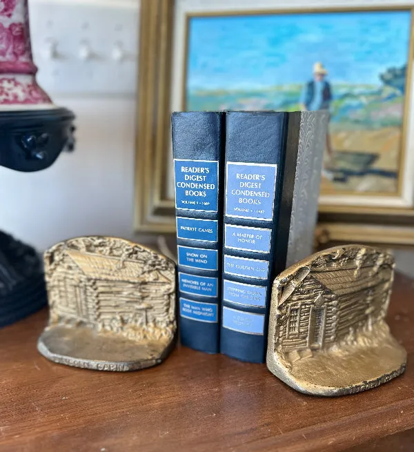 Vintage Brass Bookends, Lincoln Log Cabin