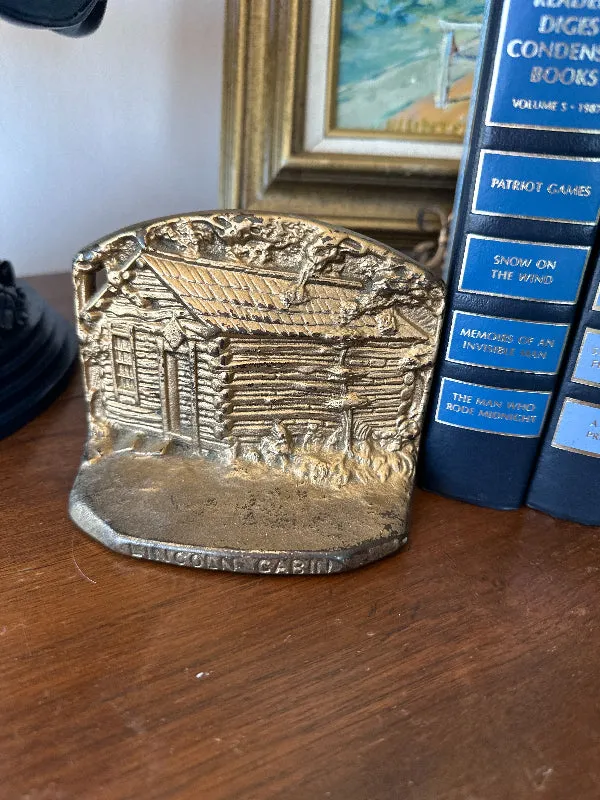 Vintage Brass Bookends, Lincoln Log Cabin
