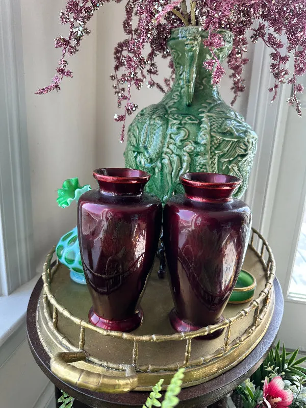 Vintage Cloisonne' Vase, Maroon, Peacock and Floral Hand painted, Mother of Pearl Inlay, Copper Insert 2 Available, EACH SOLD SEPARATELY