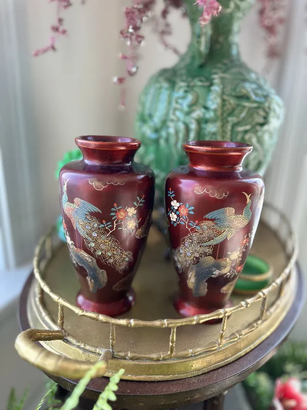 Vintage Cloisonne' Vase, Maroon, Peacock and Floral Hand painted, Mother of Pearl Inlay, Copper Insert 2 Available, EACH SOLD SEPARATELY