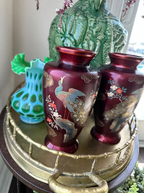 Vintage Cloisonne' Vase, Maroon, Peacock and Floral Hand painted, Mother of Pearl Inlay, Copper Insert 2 Available, EACH SOLD SEPARATELY