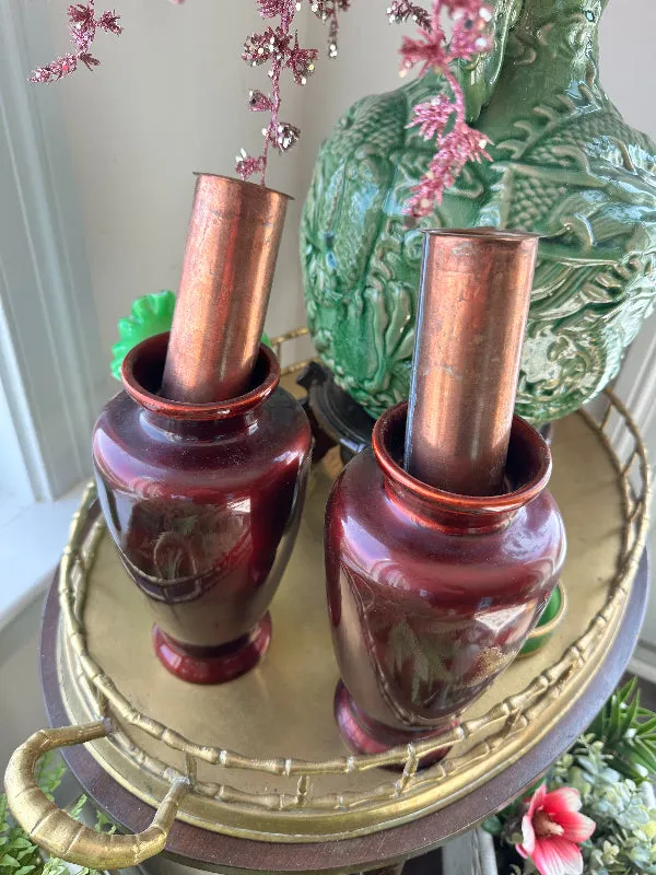 Vintage Cloisonne' Vase, Maroon, Peacock and Floral Hand painted, Mother of Pearl Inlay, Copper Insert 2 Available, EACH SOLD SEPARATELY