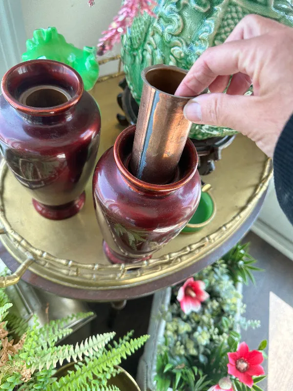 Vintage Cloisonne' Vase, Maroon, Peacock and Floral Hand painted, Mother of Pearl Inlay, Copper Insert 2 Available, EACH SOLD SEPARATELY