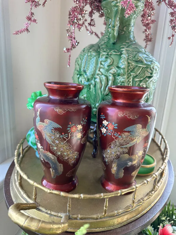 Vintage Cloisonne' Vase, Maroon, Peacock and Floral Hand painted, Mother of Pearl Inlay, Copper Insert 2 Available, EACH SOLD SEPARATELY