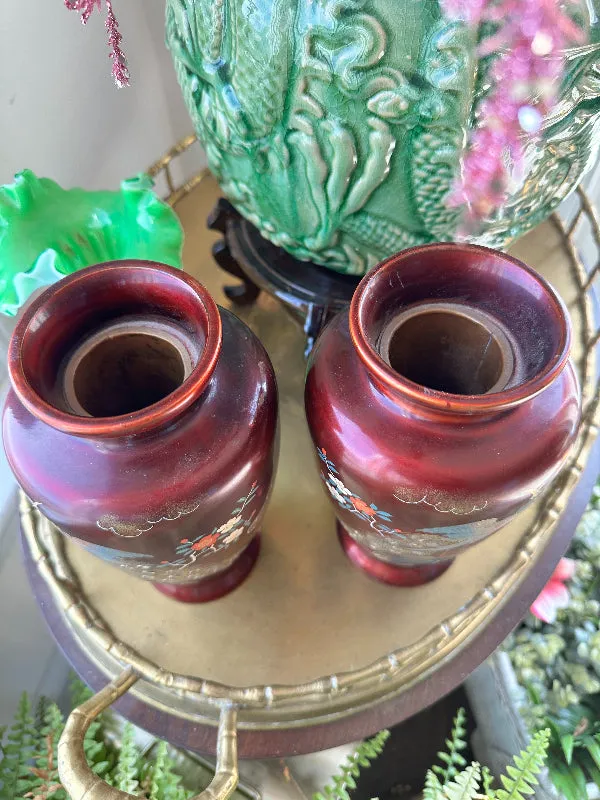 Vintage Cloisonne' Vase, Maroon, Peacock and Floral Hand painted, Mother of Pearl Inlay, Copper Insert 2 Available, EACH SOLD SEPARATELY