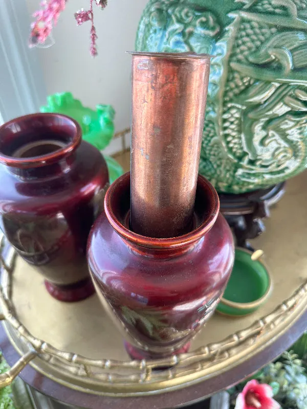 Vintage Cloisonne' Vase, Maroon, Peacock and Floral Hand painted, Mother of Pearl Inlay, Copper Insert 2 Available, EACH SOLD SEPARATELY
