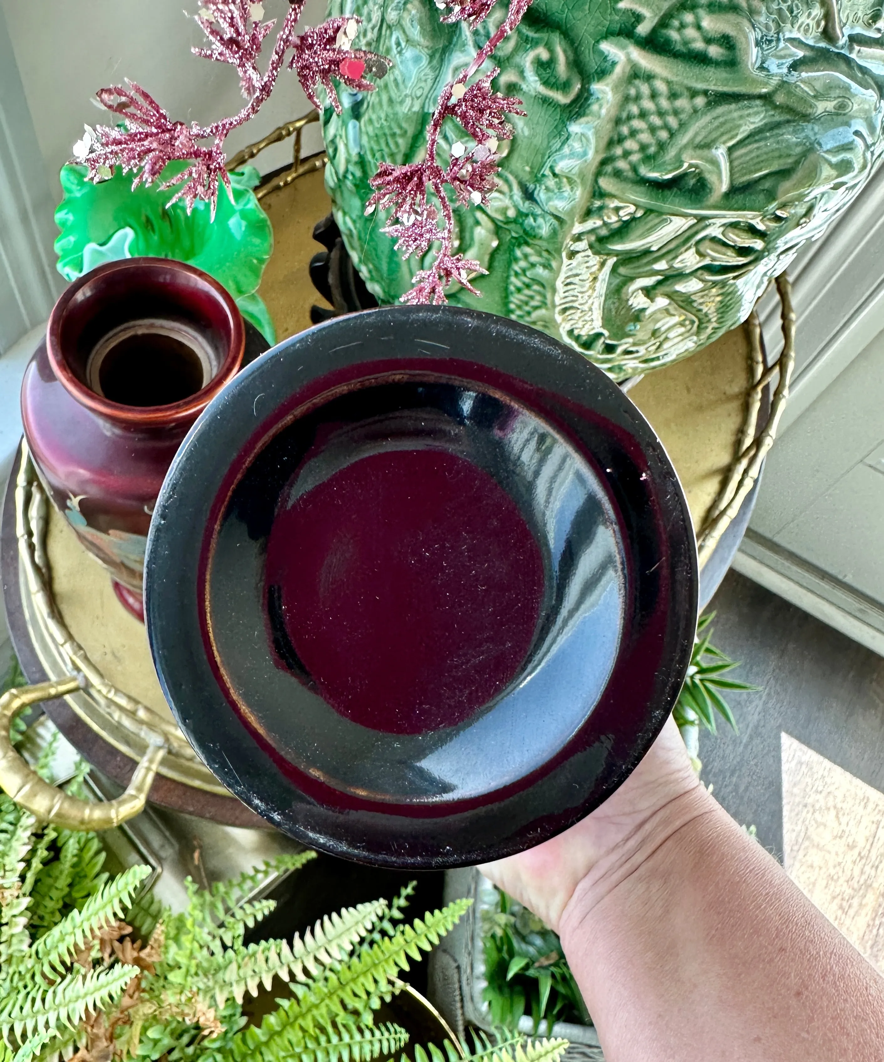 Vintage Cloisonne' Vase, Maroon, Peacock and Floral Hand painted, Mother of Pearl Inlay, Copper Insert 2 Available, EACH SOLD SEPARATELY
