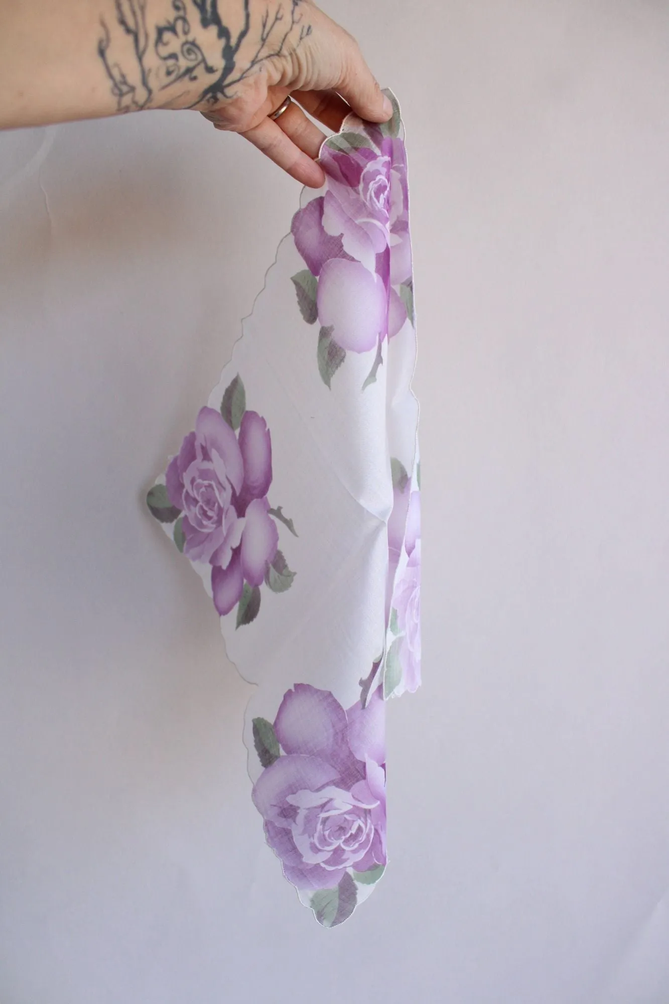 Vintage Cotton Handkerchief with Purple Roses