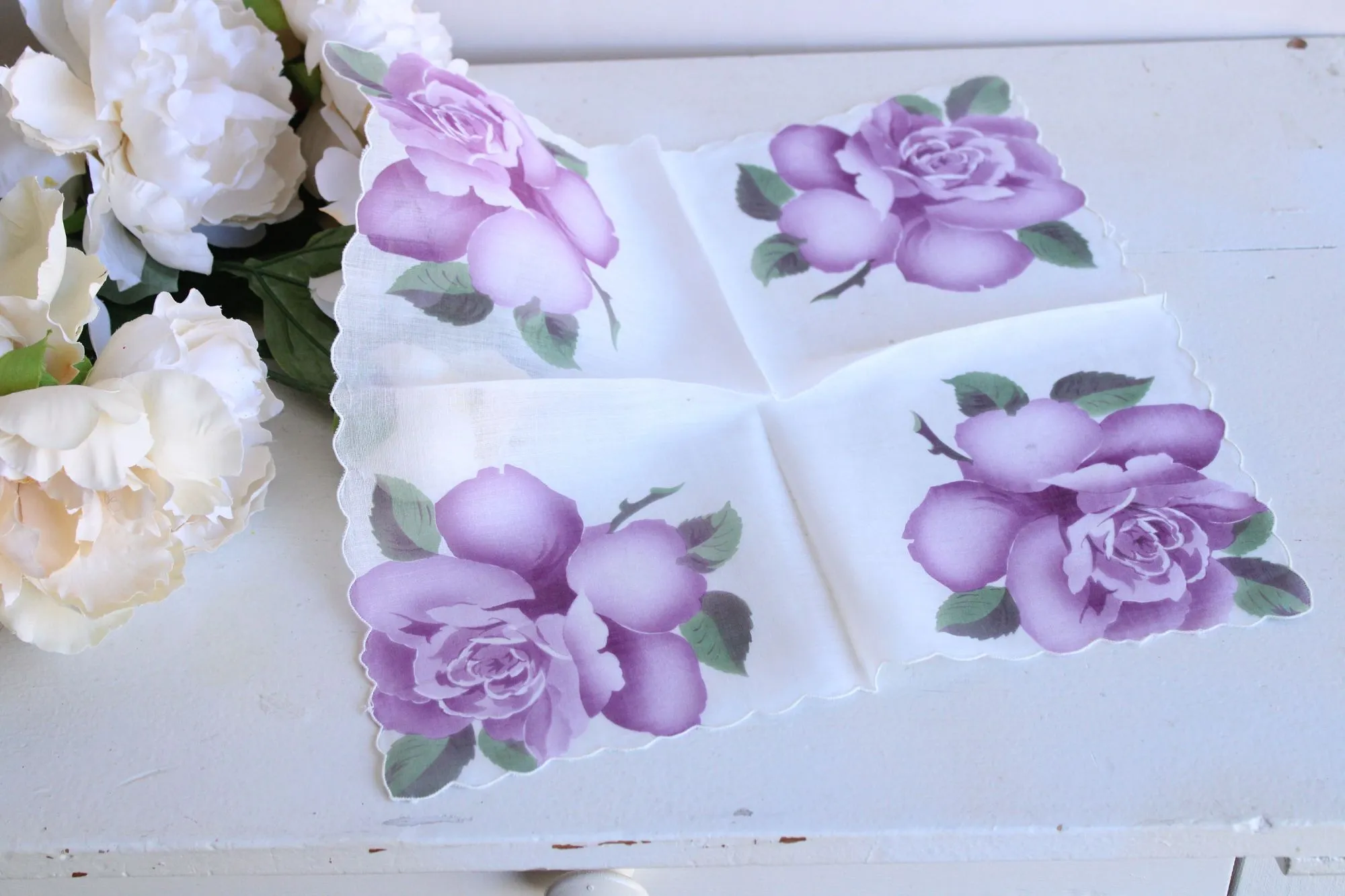 Vintage Cotton Handkerchief with Purple Roses