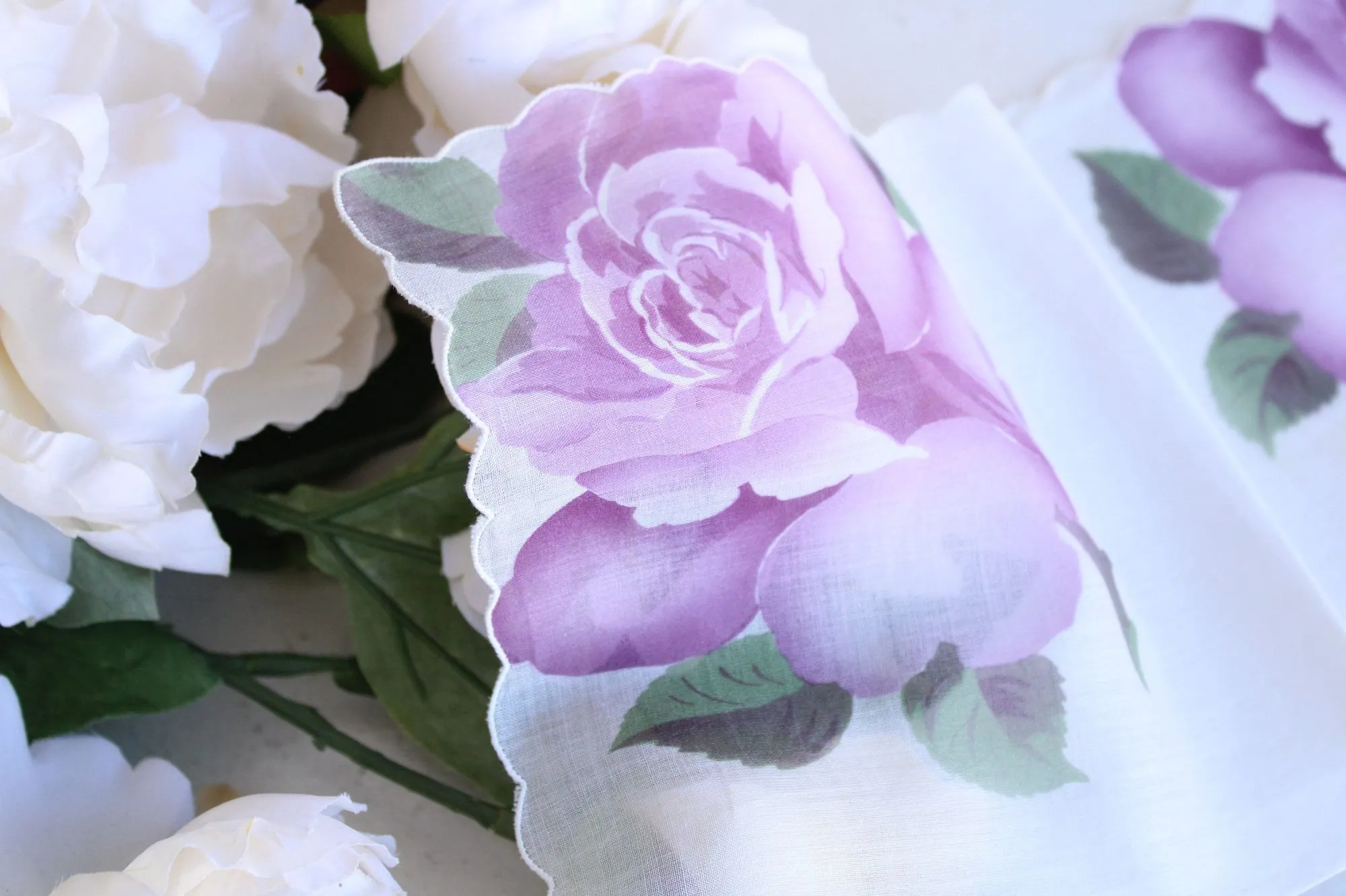 Vintage Cotton Handkerchief with Purple Roses