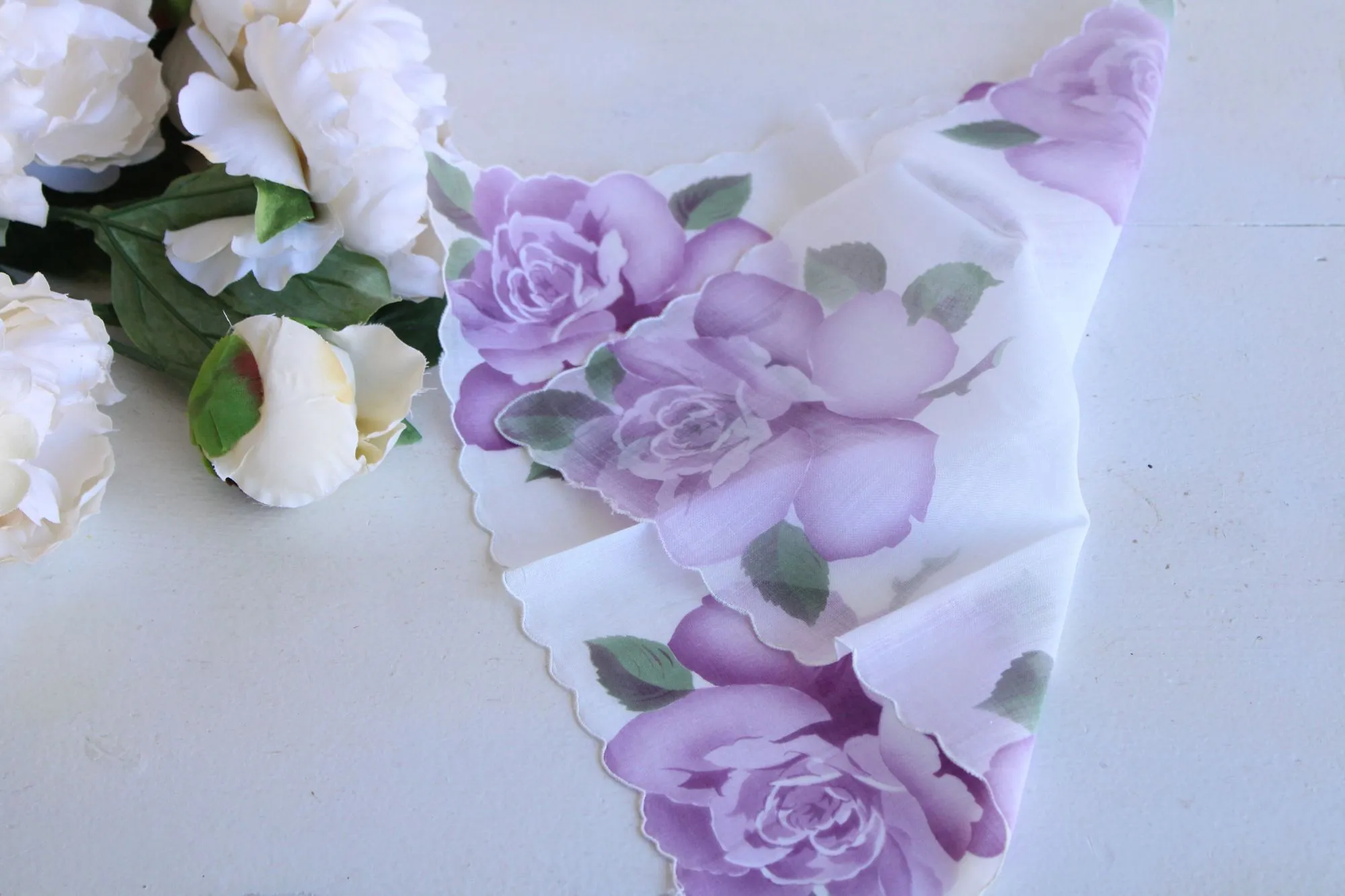 Vintage Cotton Handkerchief with Purple Roses