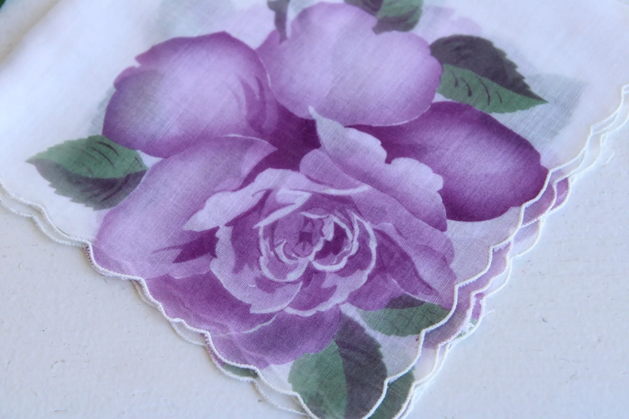 Vintage Cotton Handkerchief with Purple Roses