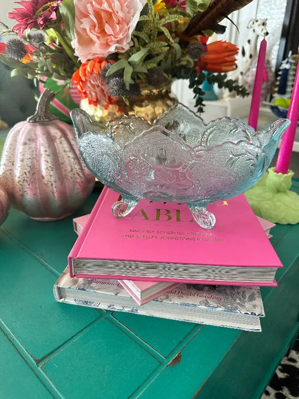 Vintage Fruit Bowl, Jeanette Glass, Lomardi Pattern, Ice Blue, Footed, 1940s