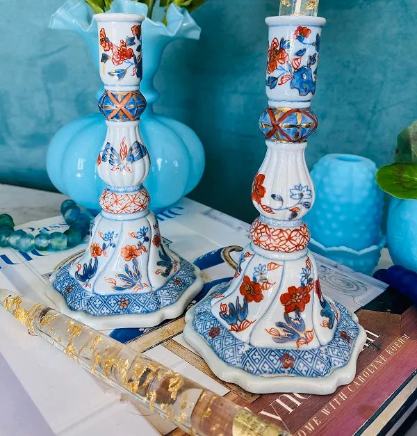 Vintage Imari Style Candlesticks Porcelain