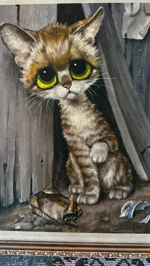 Vintage Lithograph,"Big Eyes" Pity Kitty 1960s Gig Litho Plaque