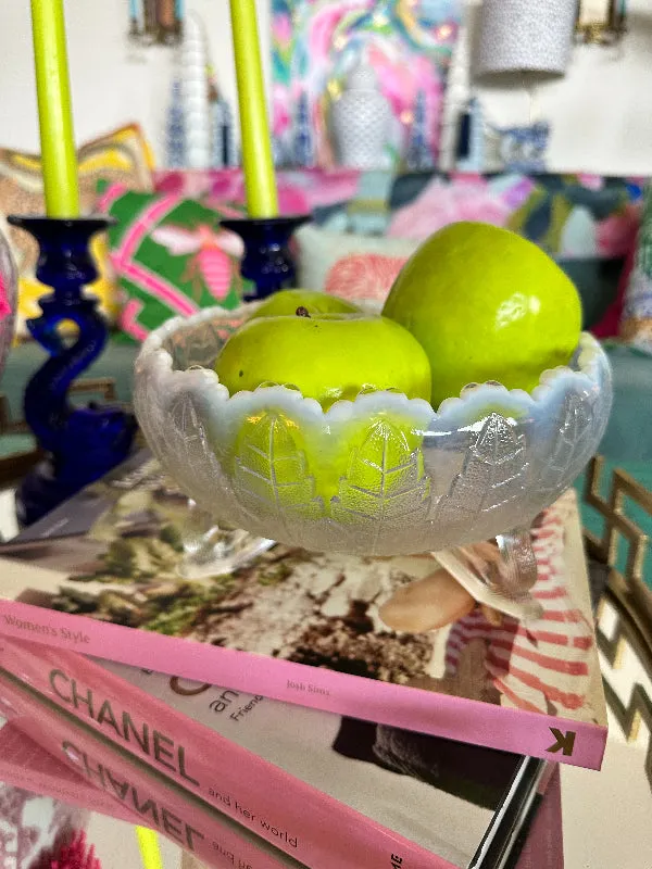 Vintage Opaline Glass Footed Bowl, Leaf Design