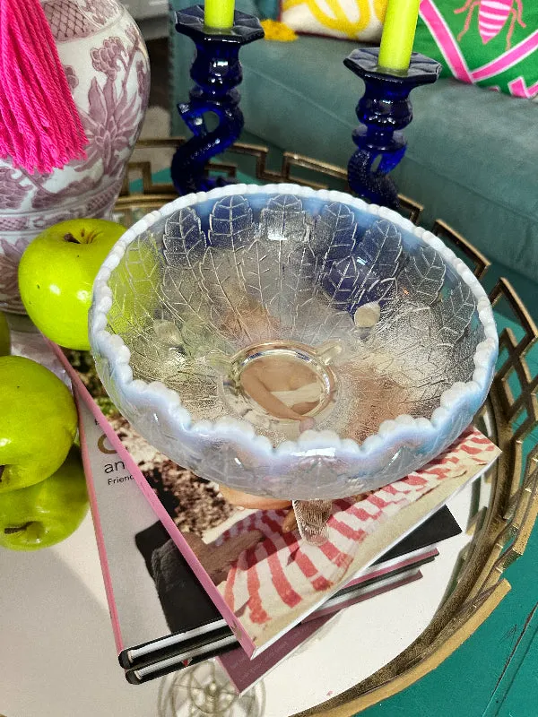 Vintage Opaline Glass Footed Bowl, Leaf Design