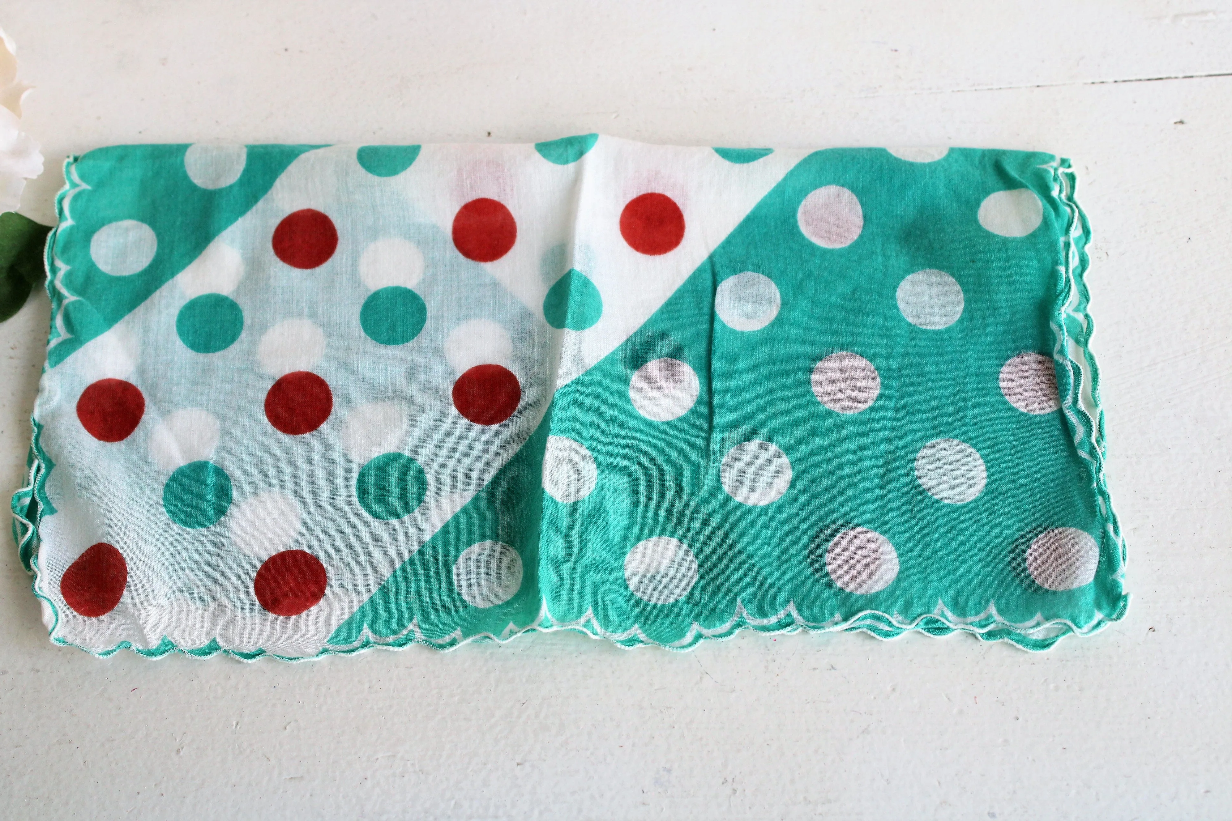 Vintage Polka Dot Cotton Hanky in Teal and Brown