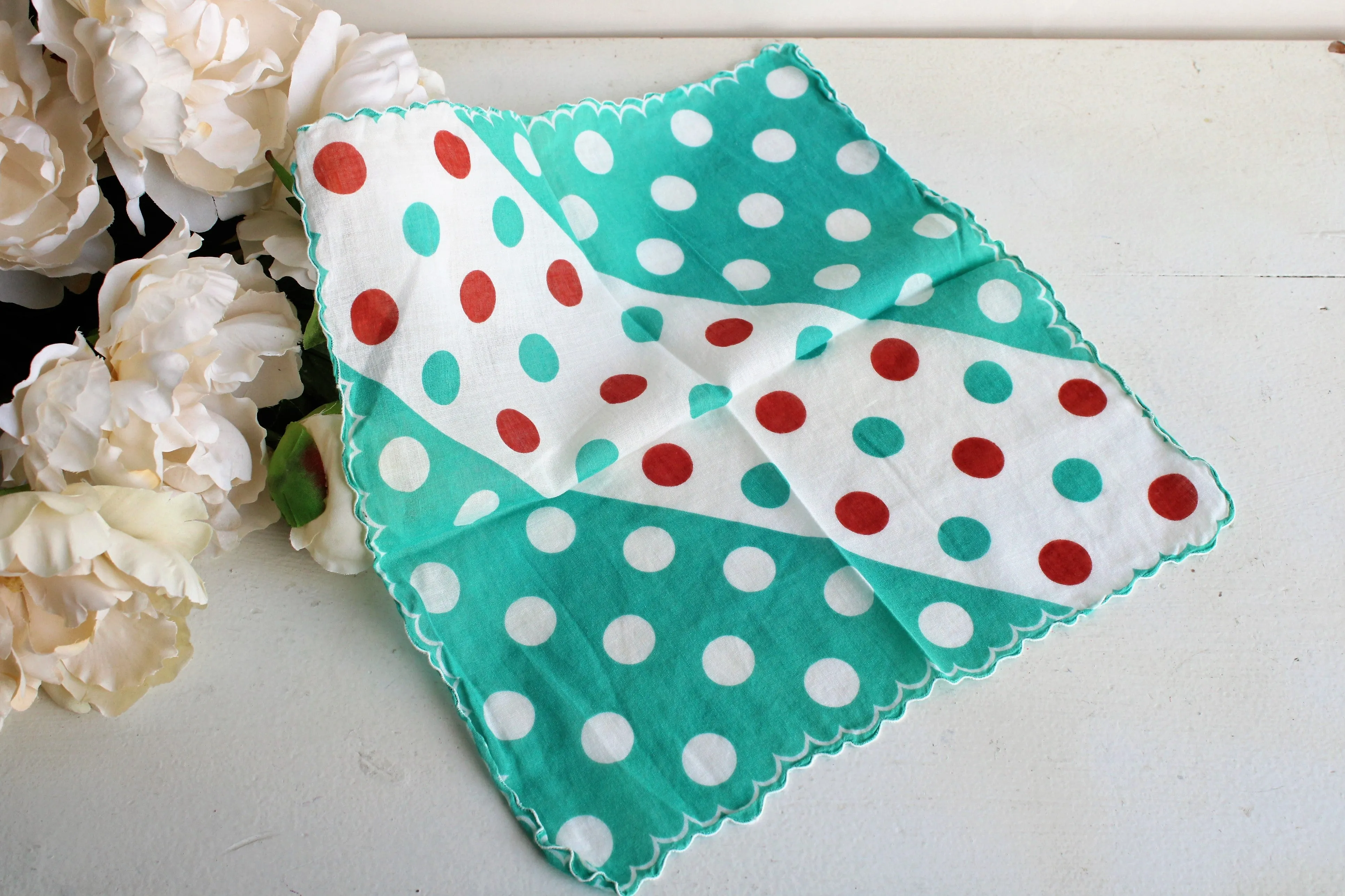 Vintage Polka Dot Cotton Hanky in Teal and Brown
