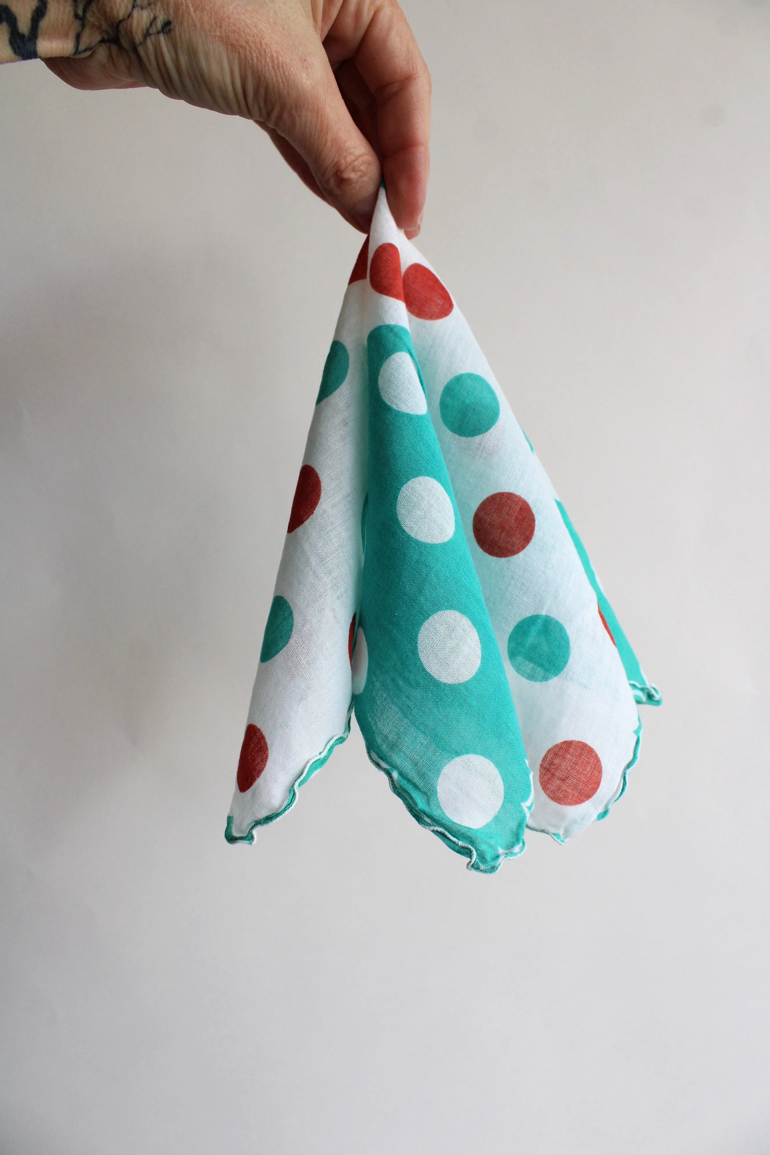 Vintage Polka Dot Cotton Hanky in Teal and Brown