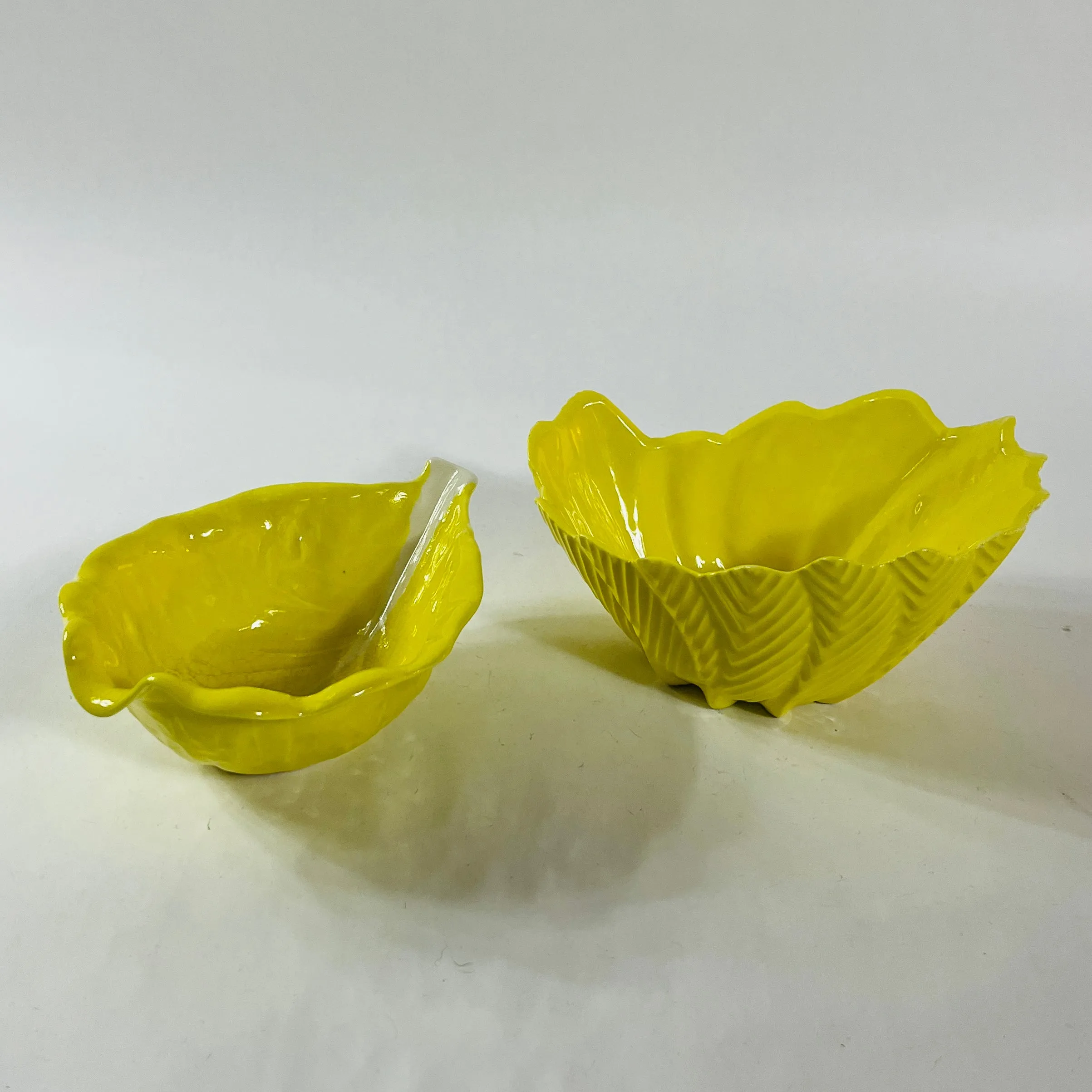 Vintage Portuguese Yellow Ceramic Leaf Bowls, Set of 2