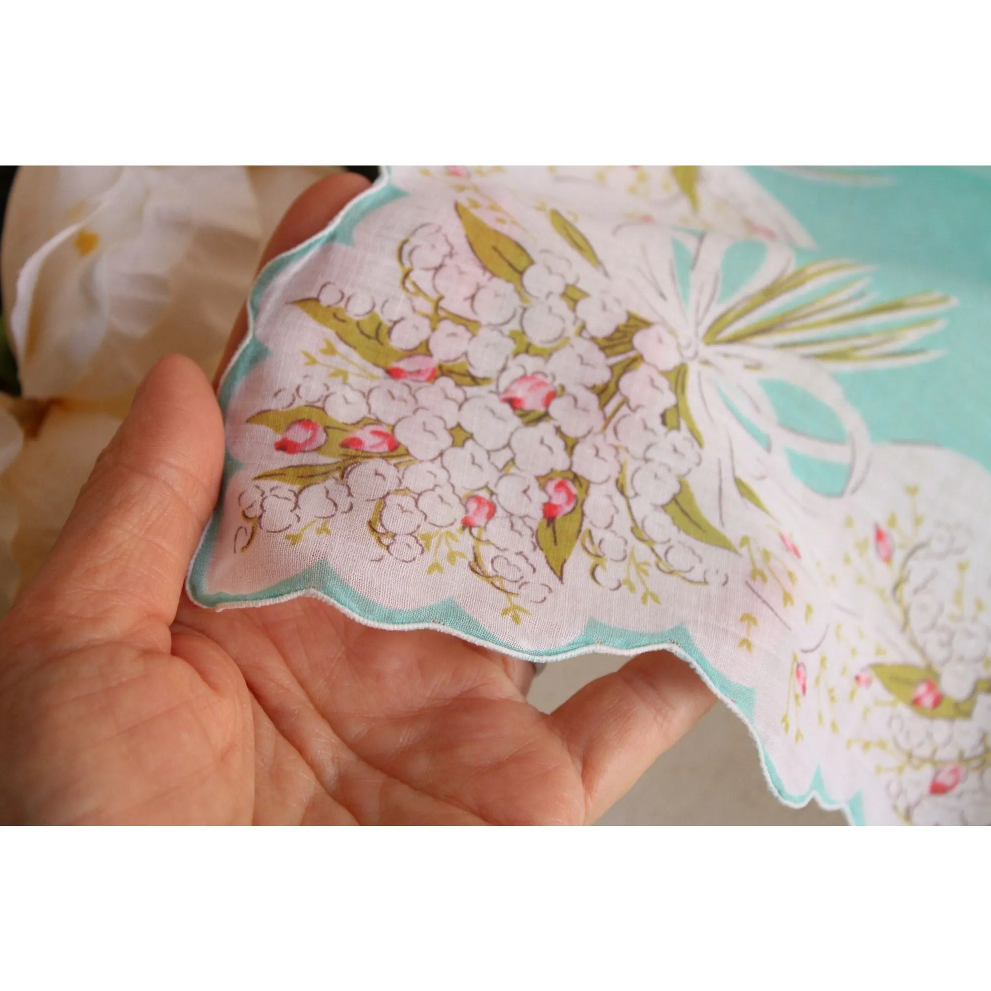 Vintage Robins Egg Blue and White Flower Print Cotton Hankie