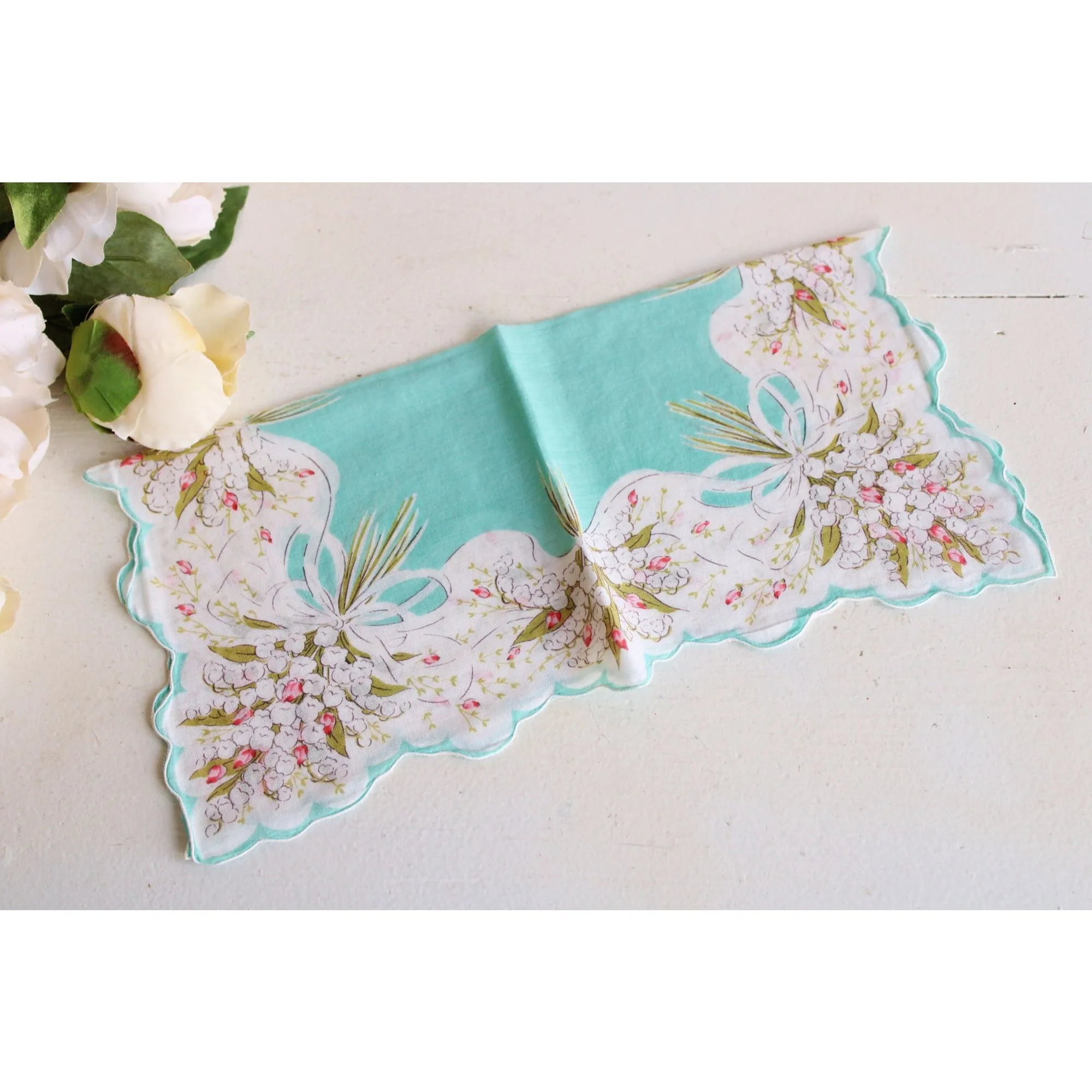 Vintage Robins Egg Blue and White Flower Print Cotton Hankie