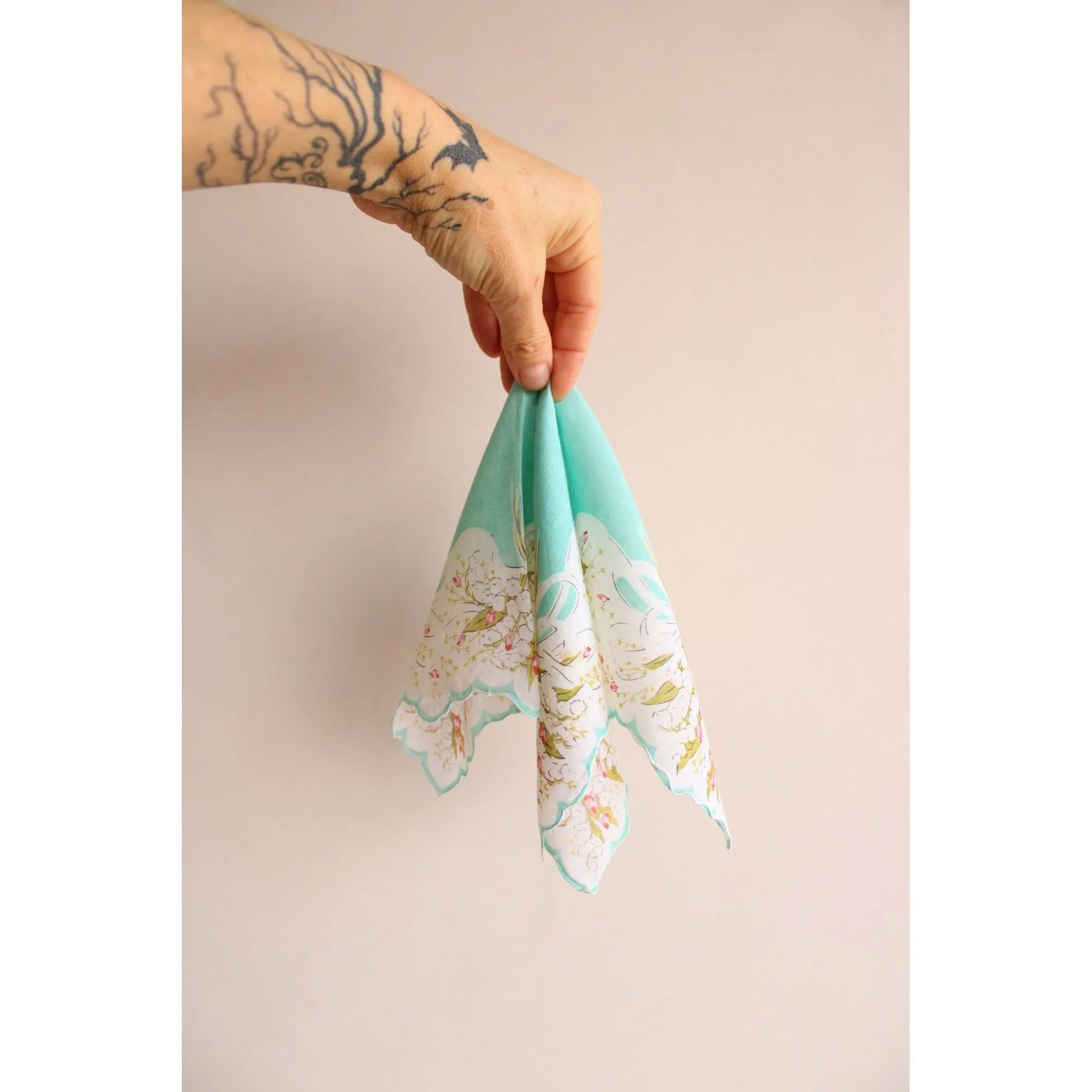 Vintage Robins Egg Blue and White Flower Print Cotton Hankie