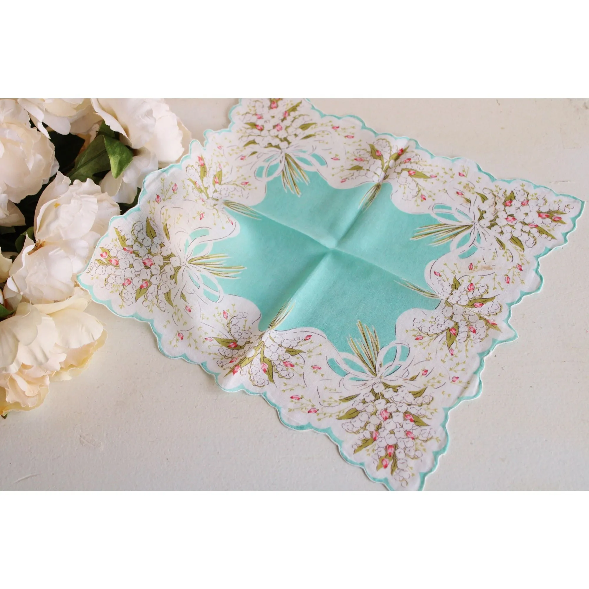 Vintage Robins Egg Blue and White Flower Print Cotton Hankie