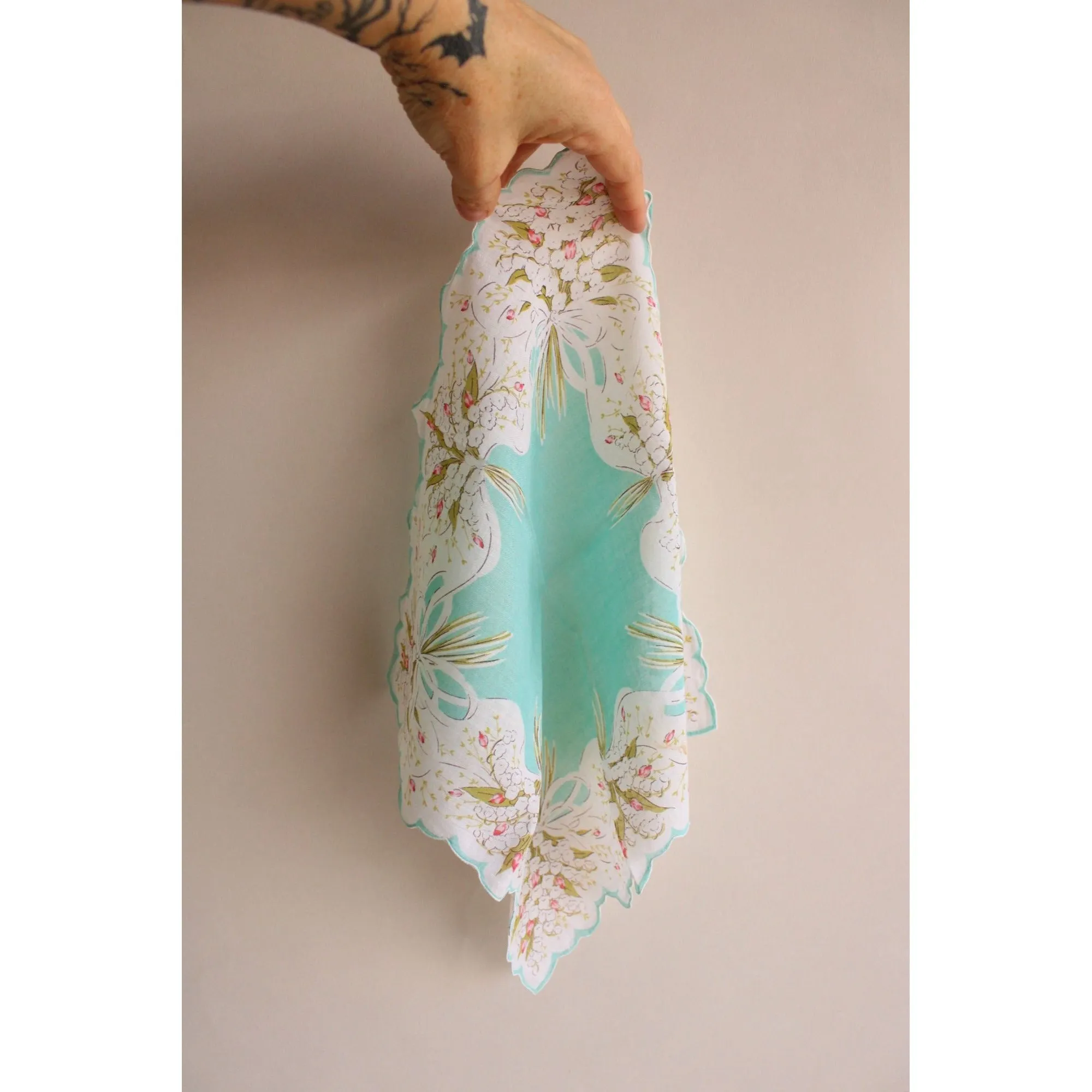 Vintage Robins Egg Blue and White Flower Print Cotton Hankie