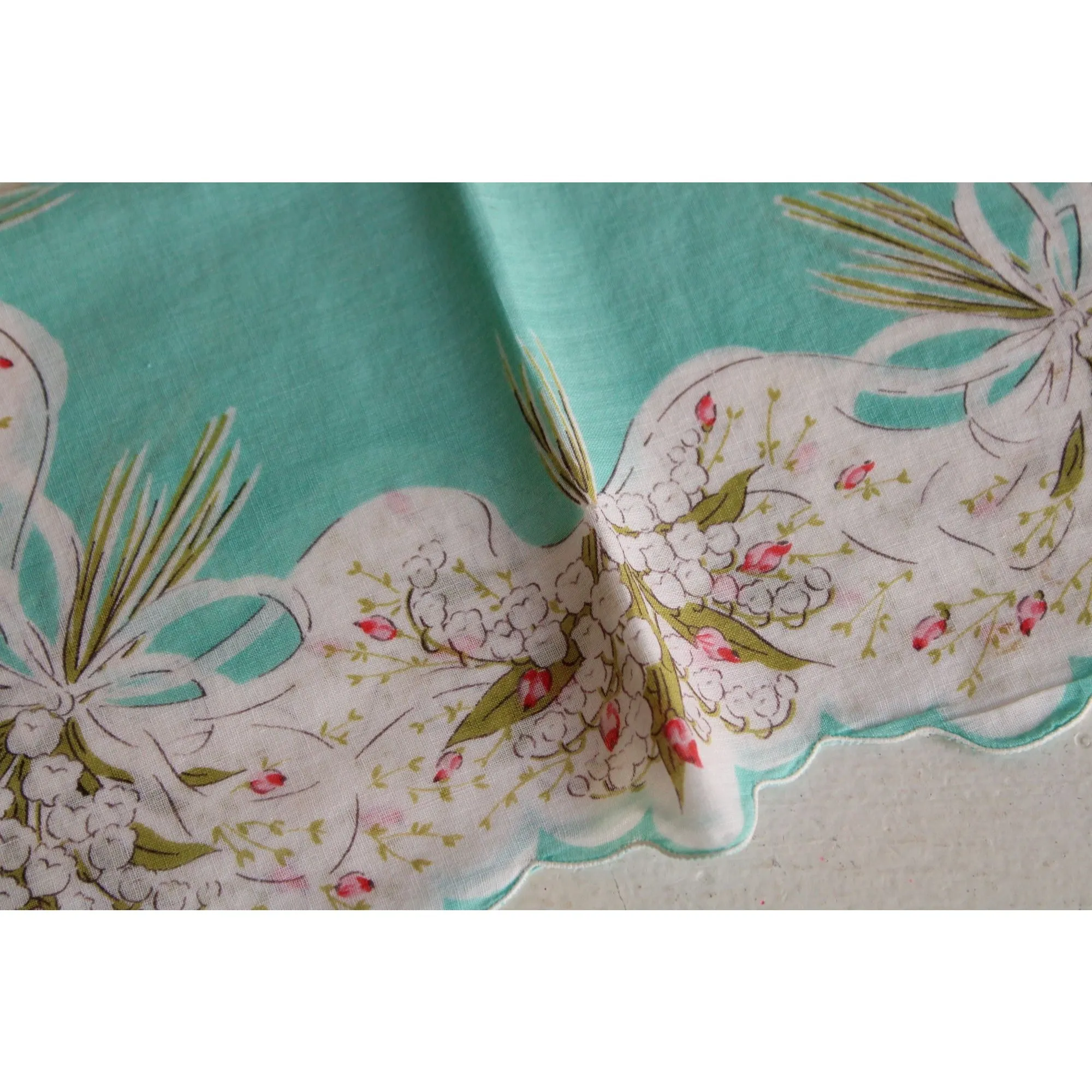 Vintage Robins Egg Blue and White Flower Print Cotton Hankie