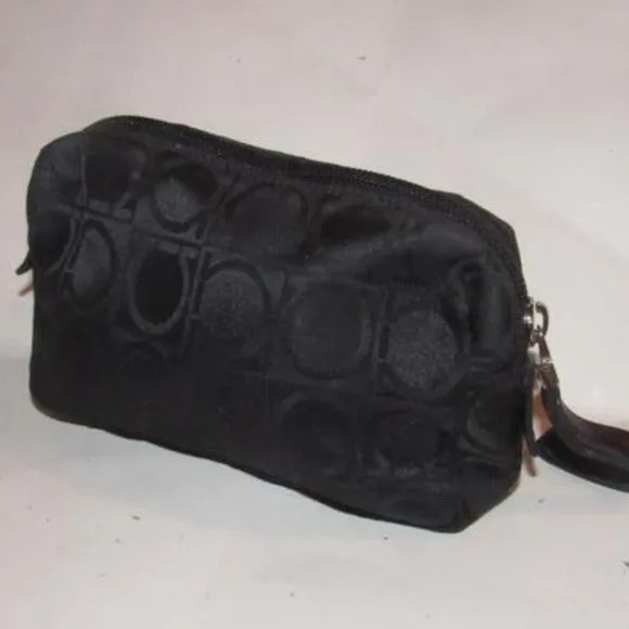 Vintage Salvatore Ferragamo black Gancini print fabric and black leather, cosmetic bag with a black wrist strap