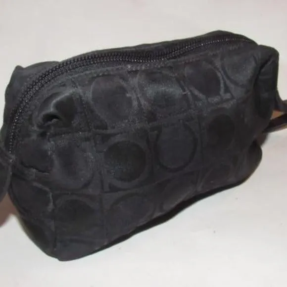 Vintage Salvatore Ferragamo black Gancini print fabric and black leather, cosmetic bag with a black wrist strap
