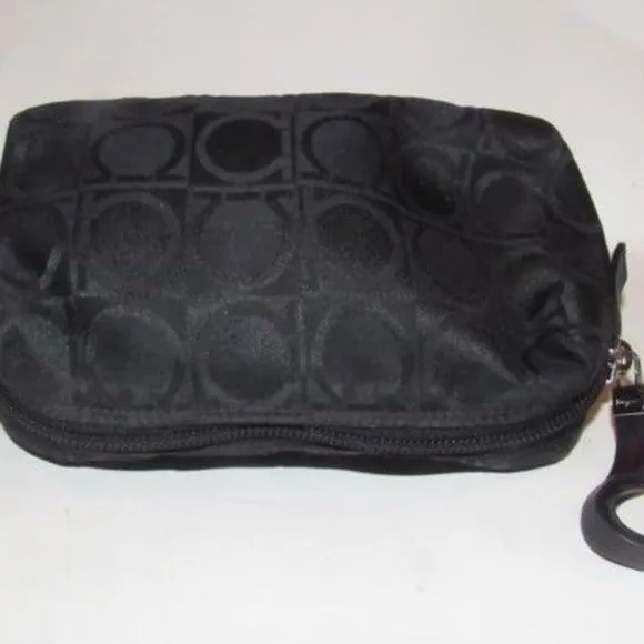 Vintage Salvatore Ferragamo black Gancini print fabric and black leather, cosmetic bag with a black wrist strap