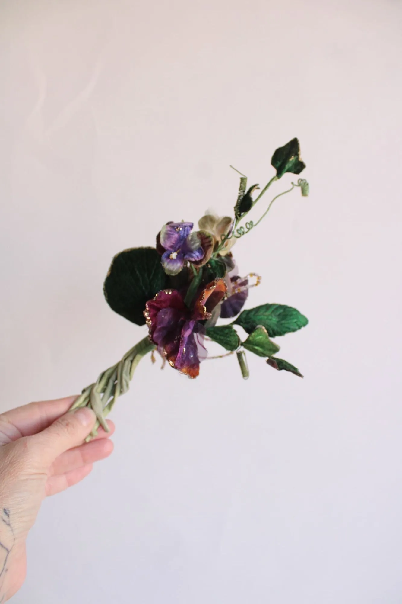 Vintage Silk Flowers, Pansies, On Stems With Leaves, Millinery Faux Floral