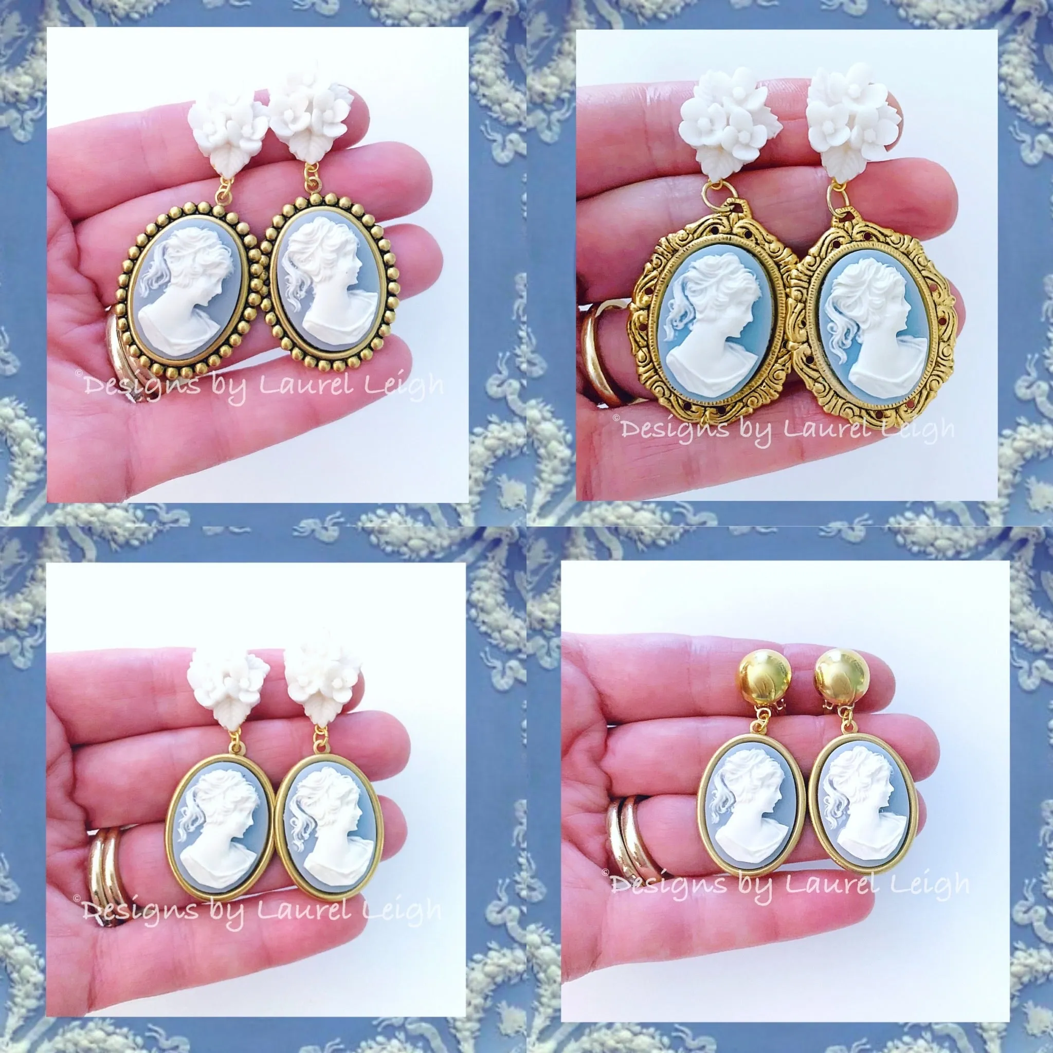 Wedgwood Blue Floral Cameo Earrings